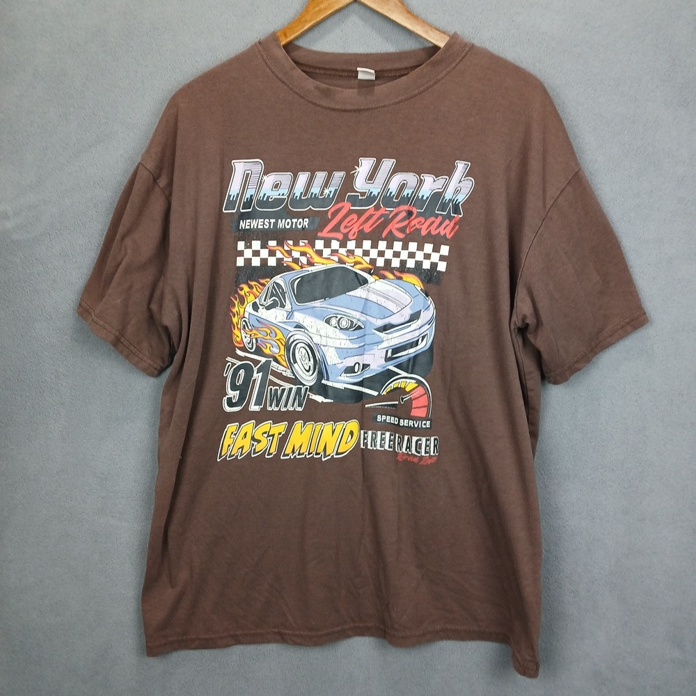 Romwe T-Shirt Mens Medium Brown New York Car Racing Fast Mind Graphic Pullover